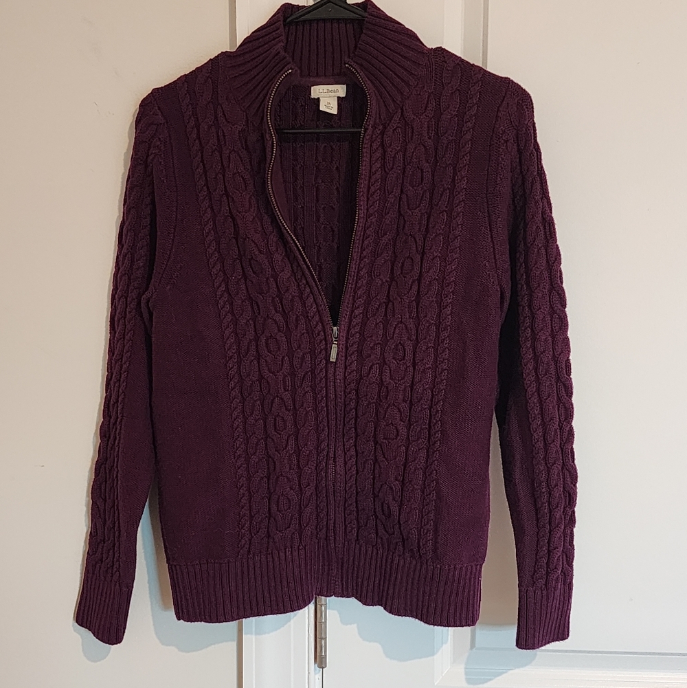 L.L. Bean Womens Full Zip Purple Cable Knit Sweater Sz Medium Petite. 100%cotton